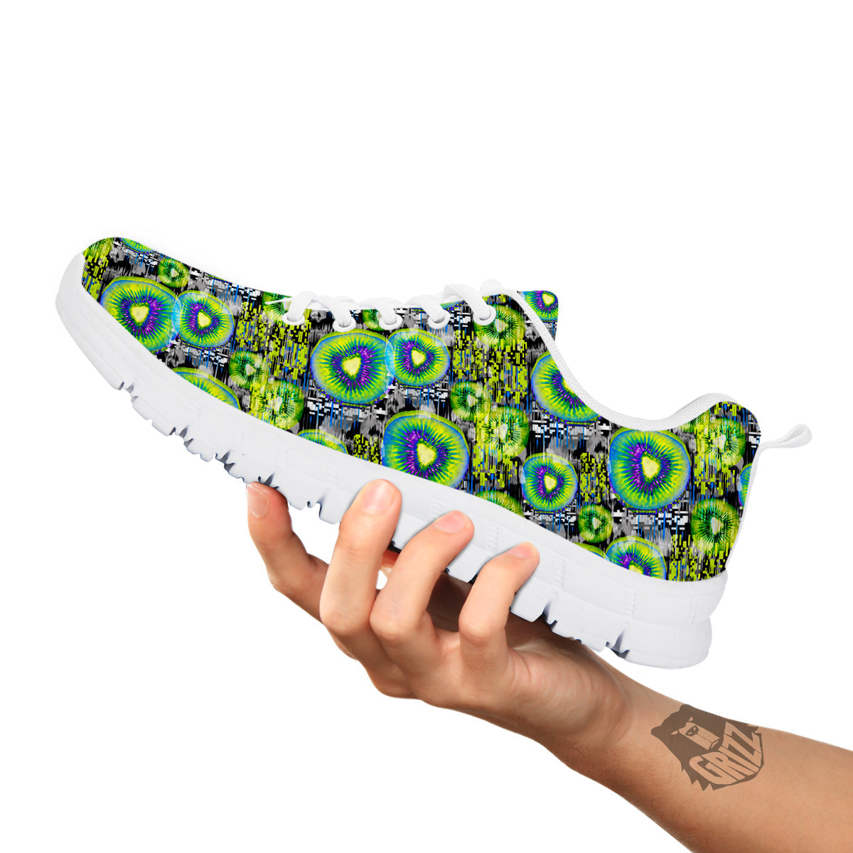 Abstract Kiwi Glitch Print Pattern White Sneaker-grizzshop