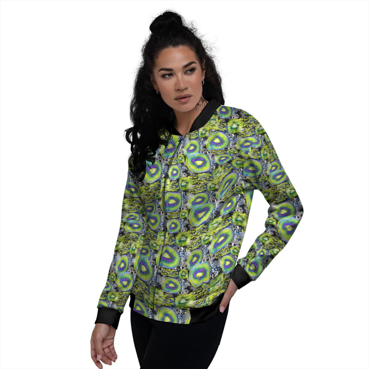 Abstract Kiwi Glitch Print Pattern Women's Bomber Jacket-grizzshop