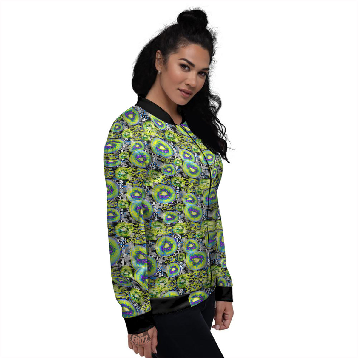 Abstract Kiwi Glitch Print Pattern Women's Bomber Jacket-grizzshop