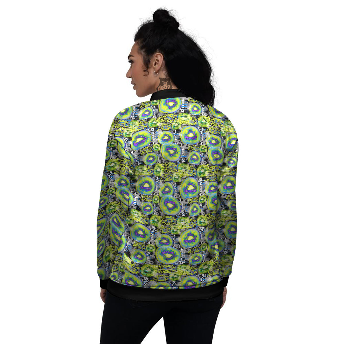 Abstract Kiwi Glitch Print Pattern Women's Bomber Jacket-grizzshop