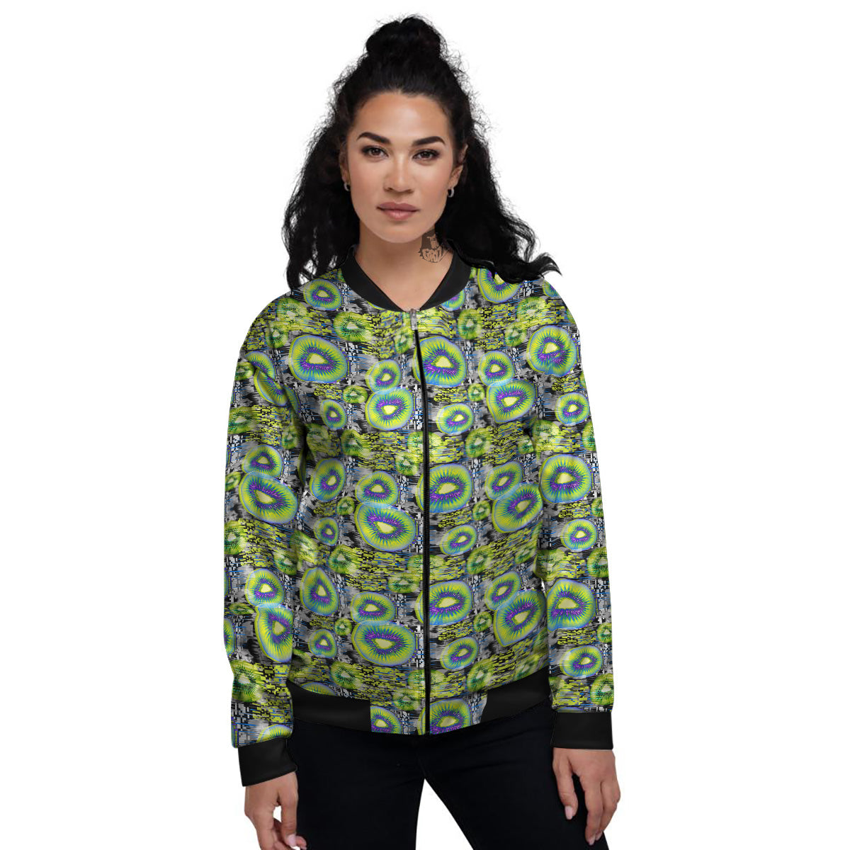 Abstract Kiwi Glitch Print Pattern Women's Bomber Jacket-grizzshop