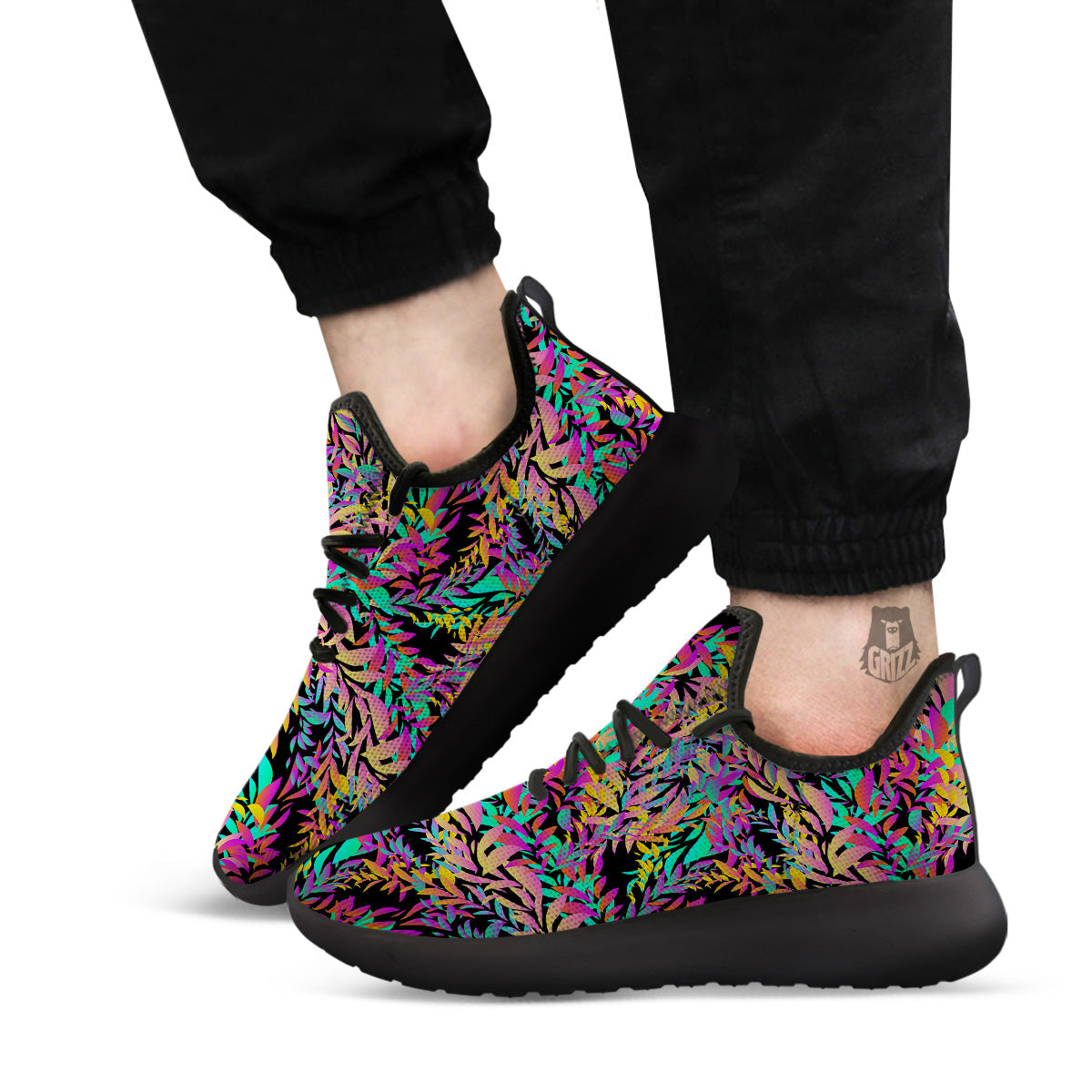 Abstract Leaf Neon Print Pattern Black Athletic Shoes-grizzshop