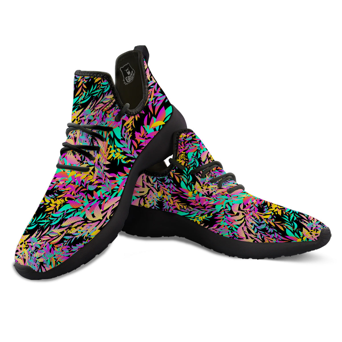 Abstract Leaf Neon Print Pattern Black Athletic Shoes-grizzshop