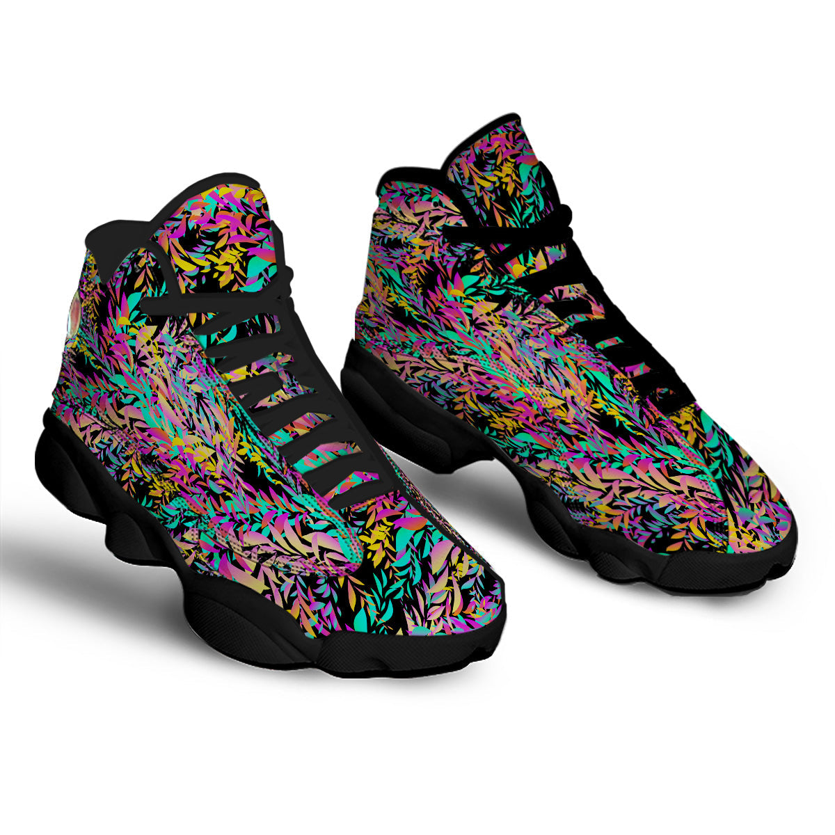 Abstract Leaf Neon Print Pattern Black Basketball Shoes-grizzshop