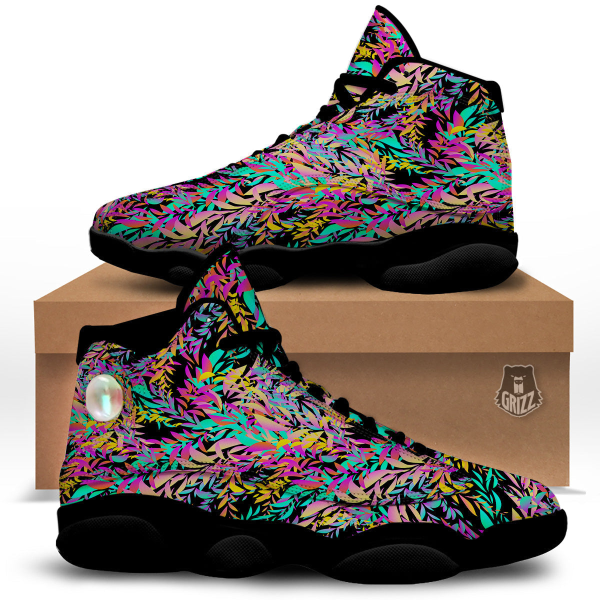 Abstract Leaf Neon Print Pattern Black Basketball Shoes-grizzshop