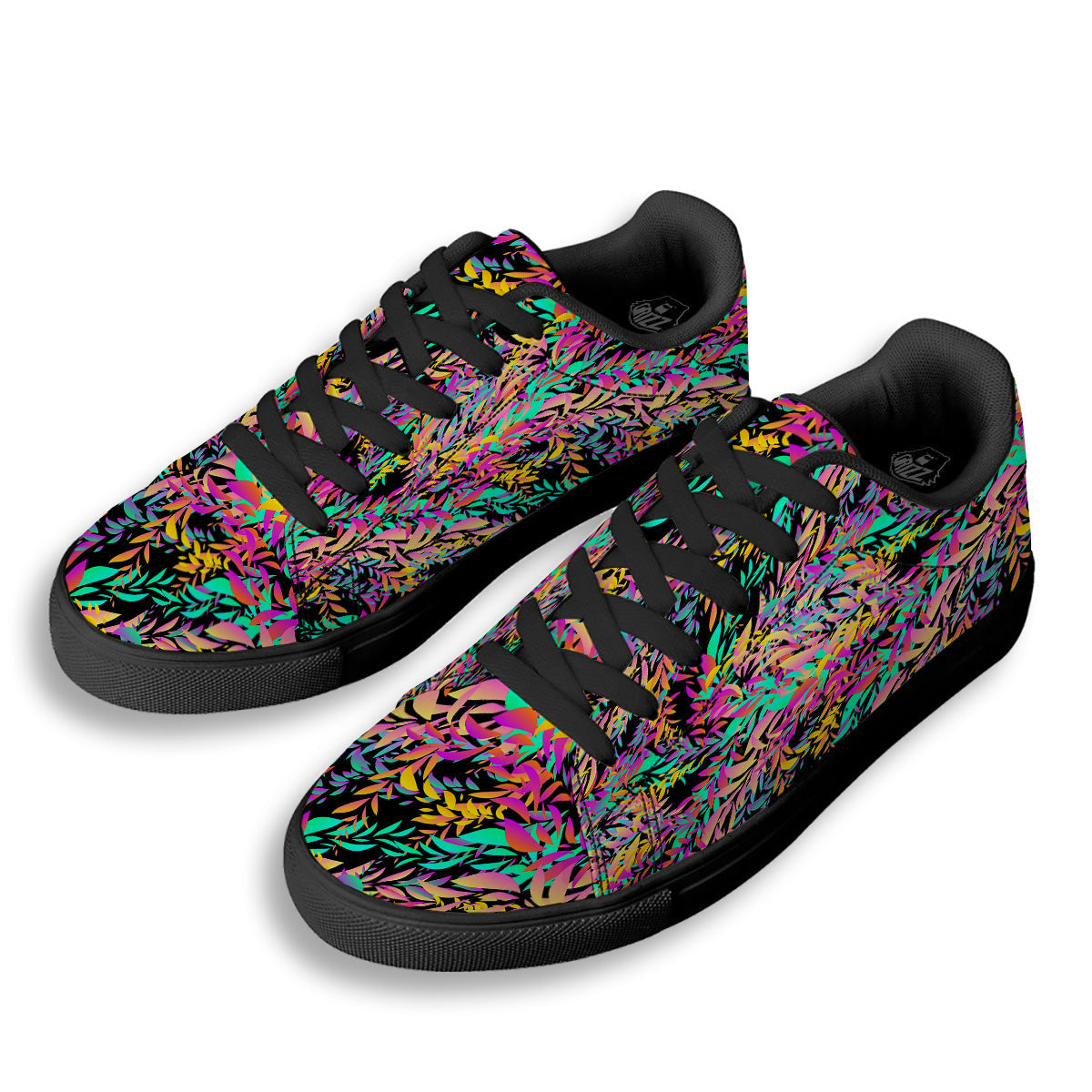 Abstract Leaf Neon Print Pattern Black Low Top Sneakers-grizzshop