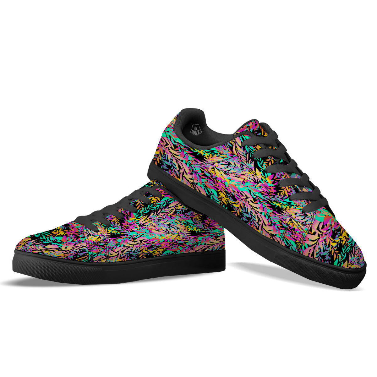Abstract Leaf Neon Print Pattern Black Low Top Sneakers-grizzshop