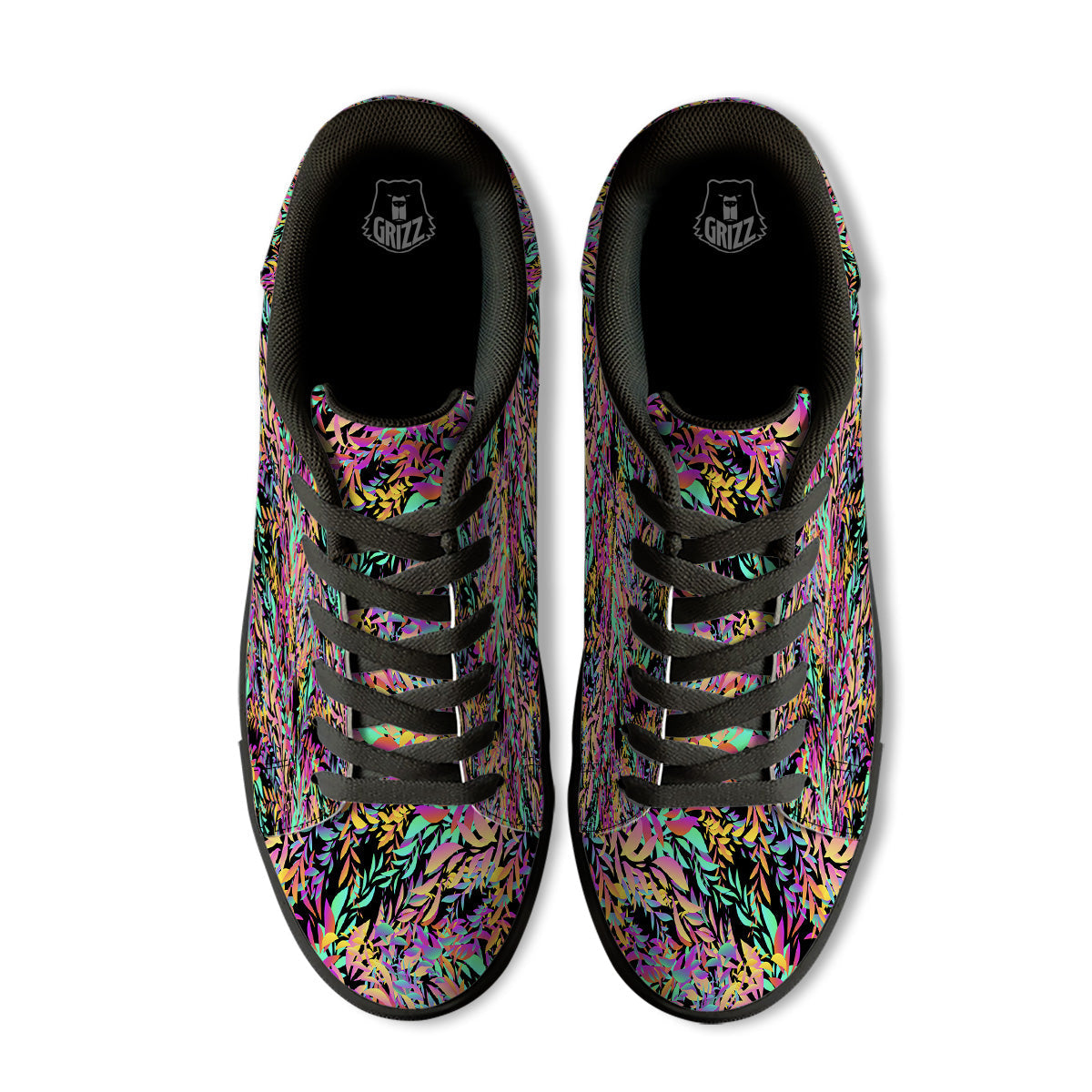 Abstract Leaf Neon Print Pattern Black Low Top Sneakers-grizzshop