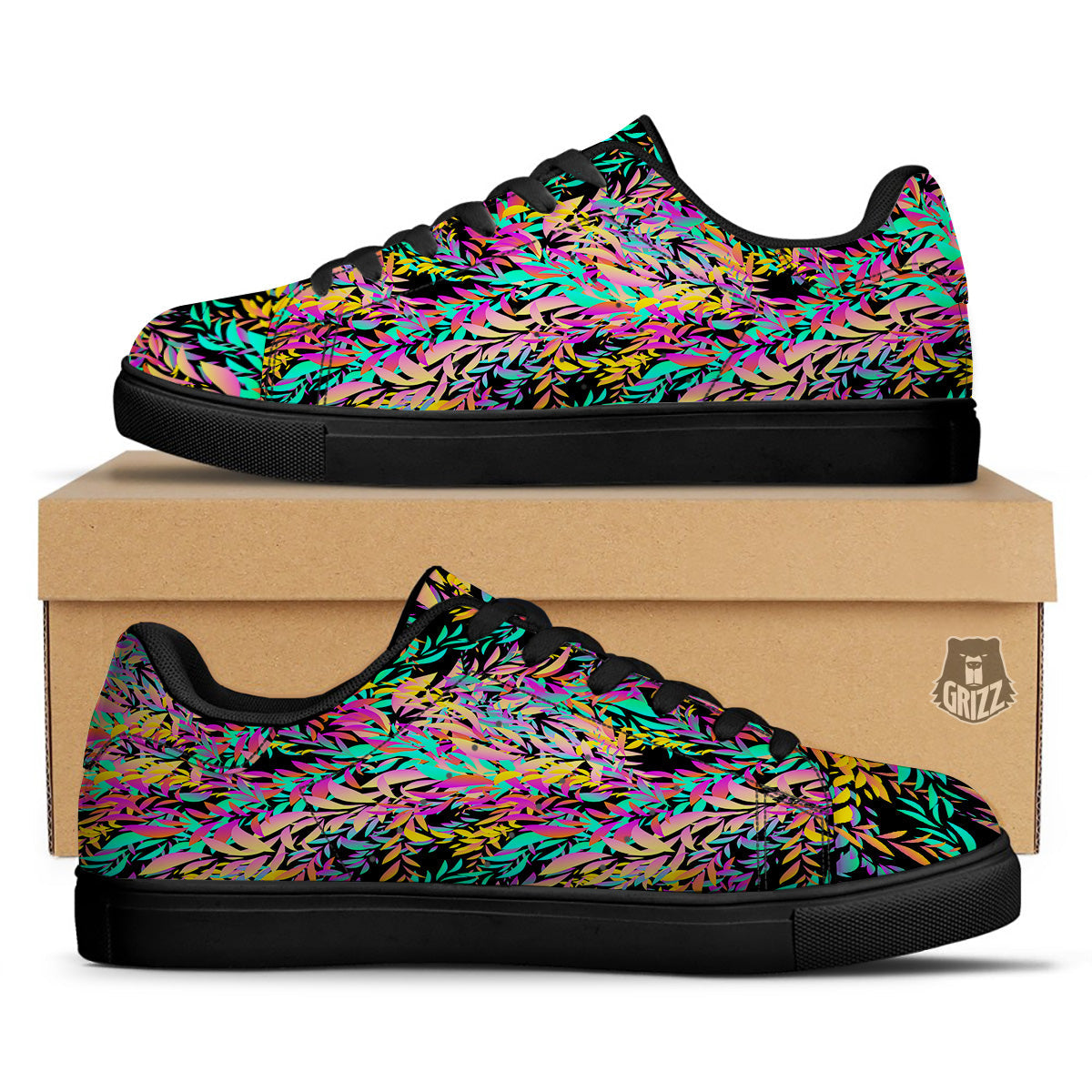 Abstract Leaf Neon Print Pattern Black Low Top Sneakers-grizzshop