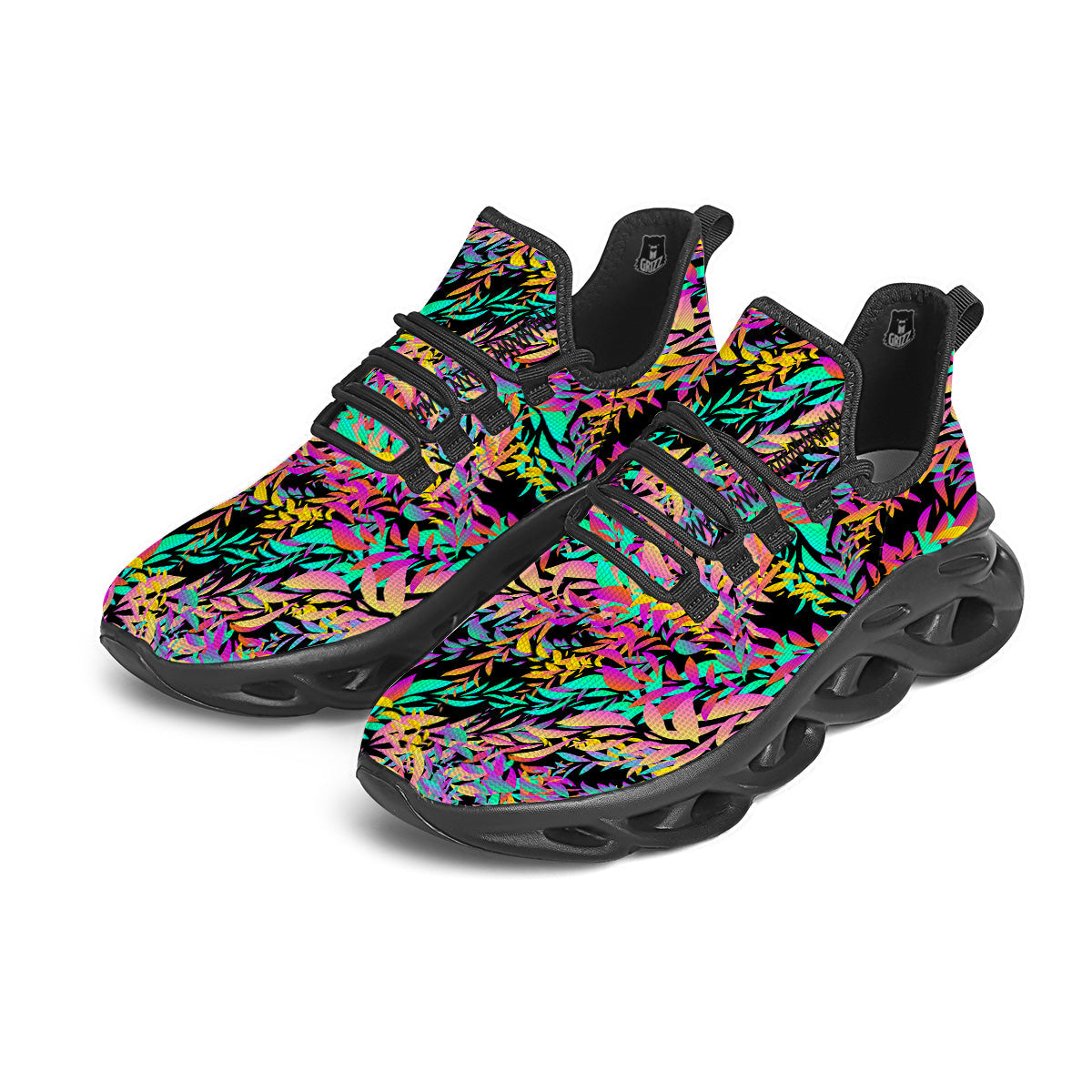 Abstract Leaf Neon Print Pattern Black Running Shoes-grizzshop