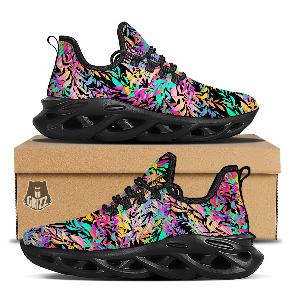 Abstract Leaf Neon Print Pattern Black Running Shoes-grizzshop
