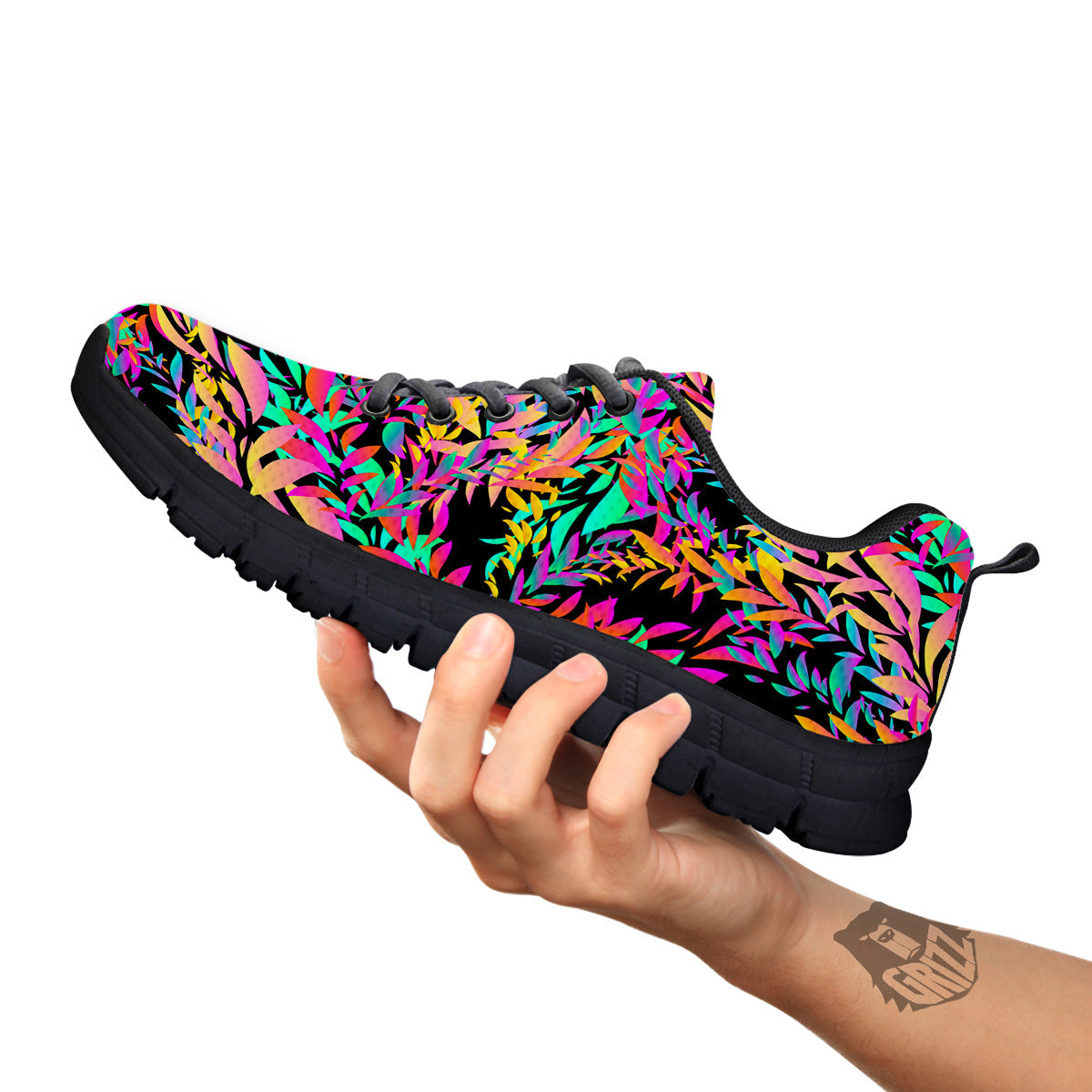 Abstract Leaf Neon Print Pattern Black Sneaker-grizzshop