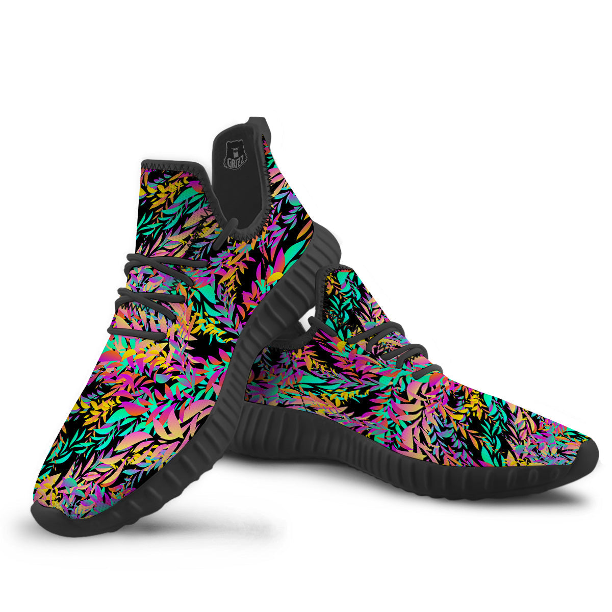 Abstract Leaf Neon Print Pattern Black Walking Shoes-grizzshop