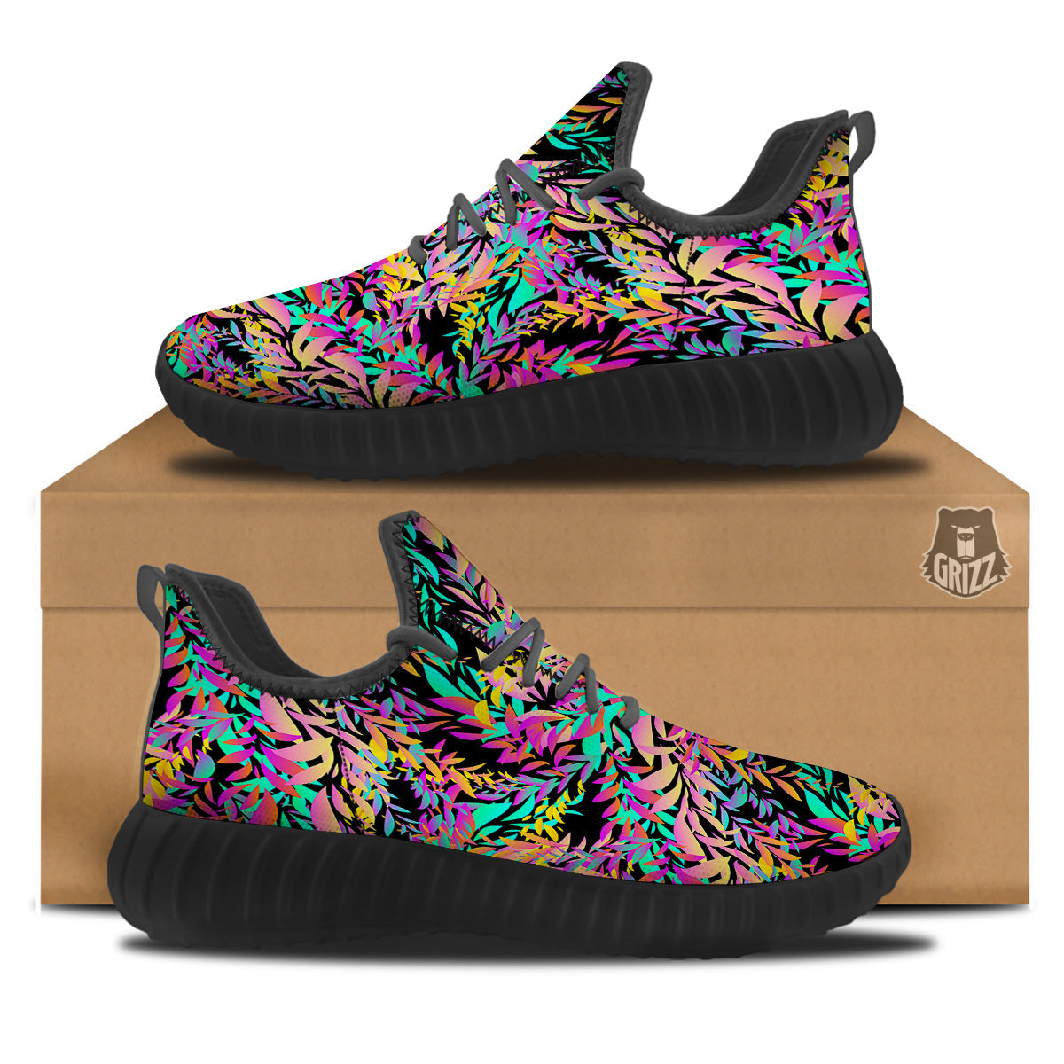 Abstract Leaf Neon Print Pattern Black Walking Shoes-grizzshop