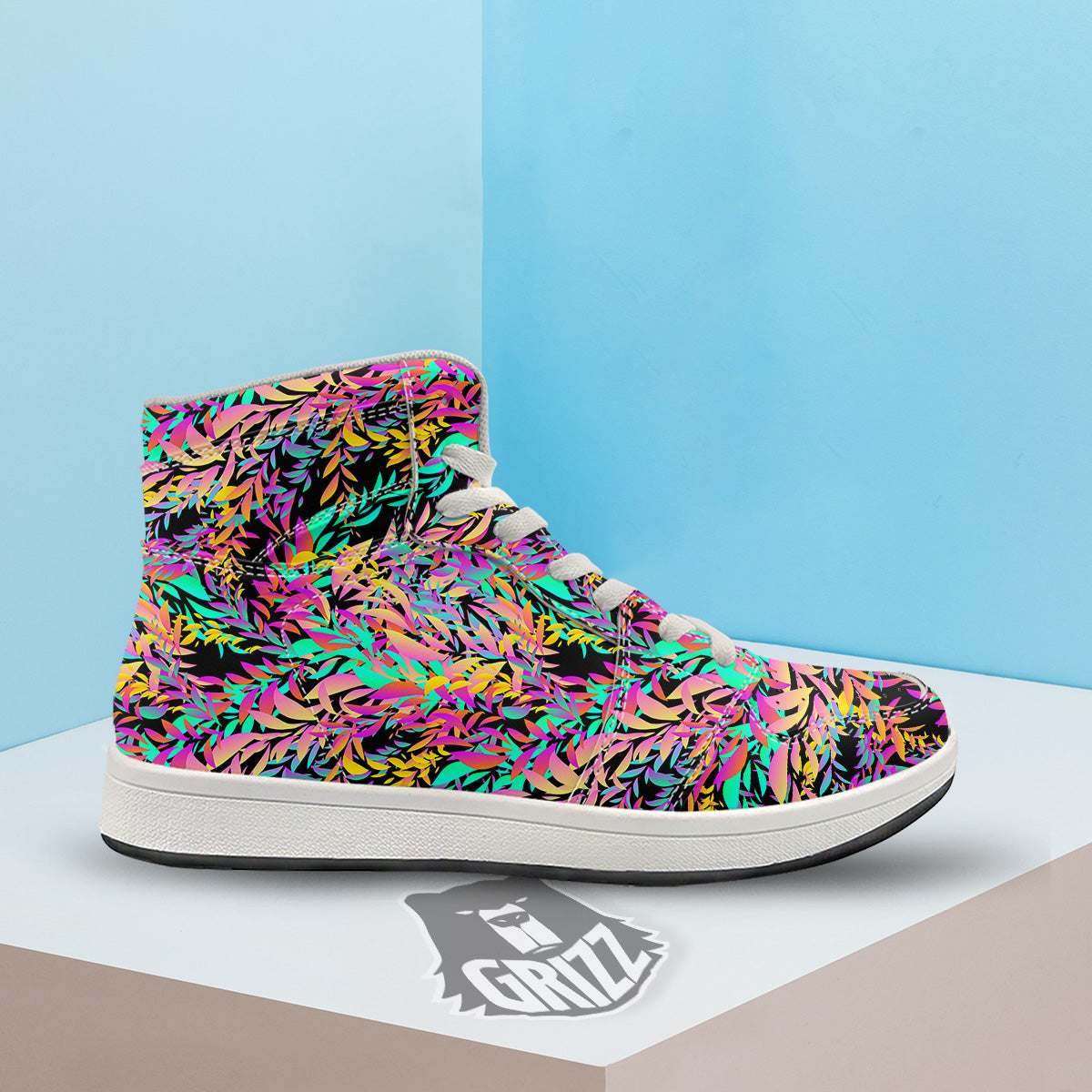 Abstract Leaf Neon Print Pattern High Top Sneakers-grizzshop