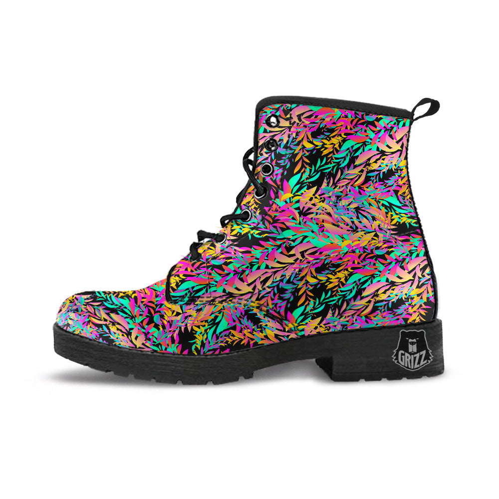 Abstract Leaf Neon Print Pattern Leather Boots-grizzshop