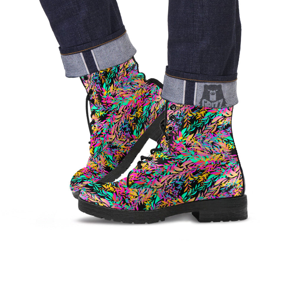 Abstract Leaf Neon Print Pattern Leather Boots-grizzshop