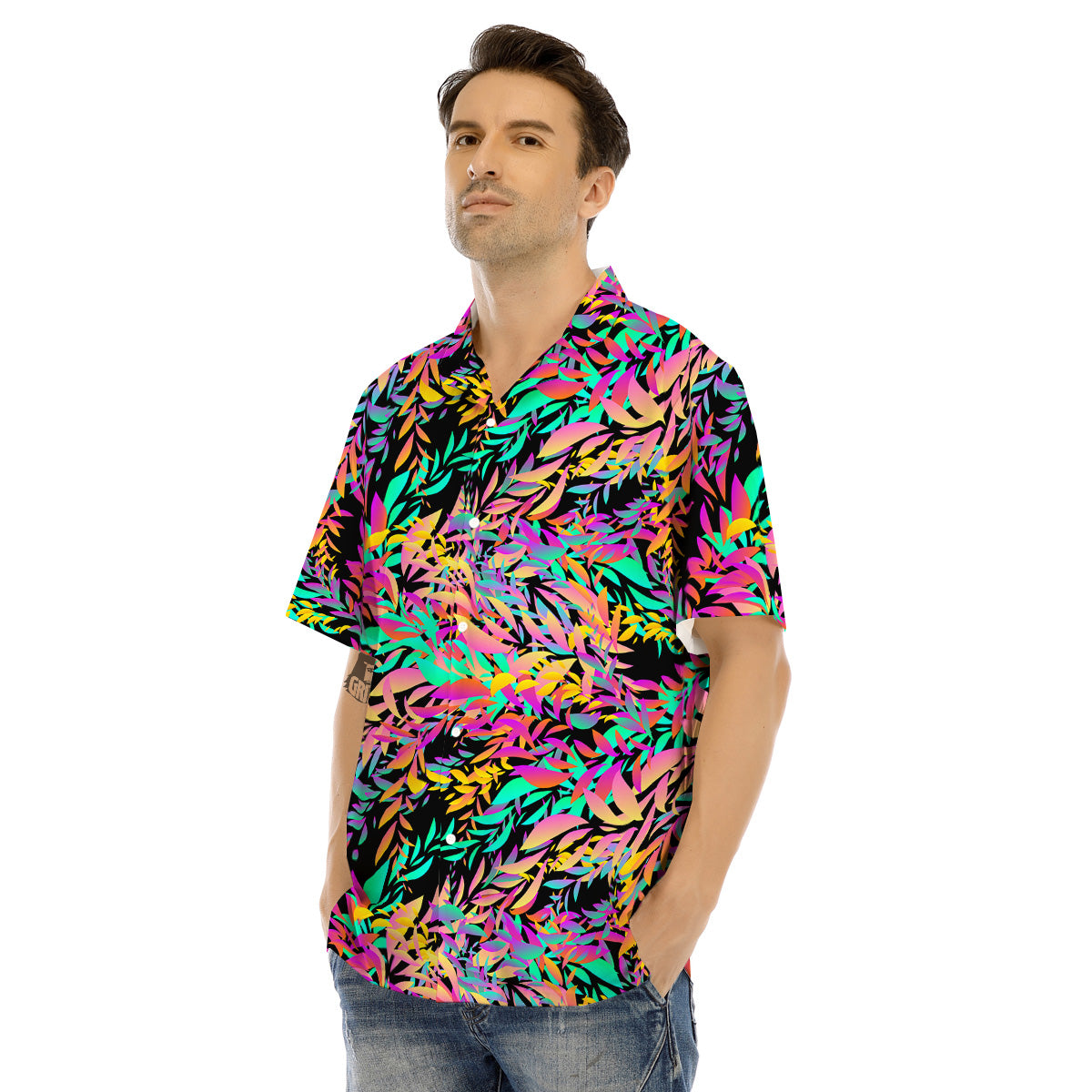Abstract Leaf Neon Print Pattern Men's Hawaiian Shirt-grizzshop