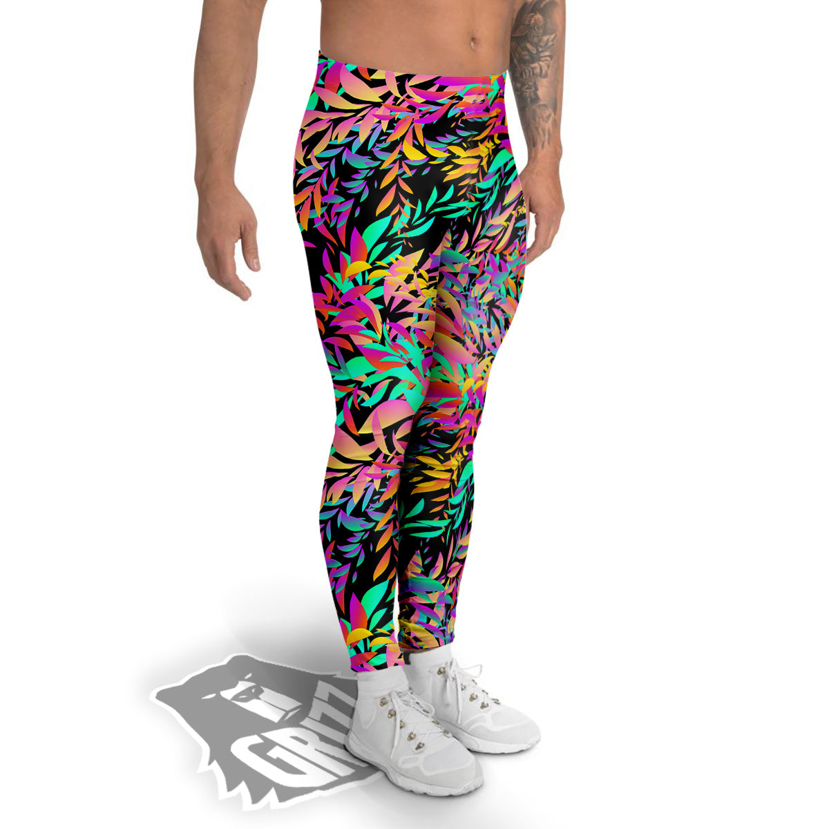 Abstract Leaf Neon Print Pattern Men's Leggings-grizzshop