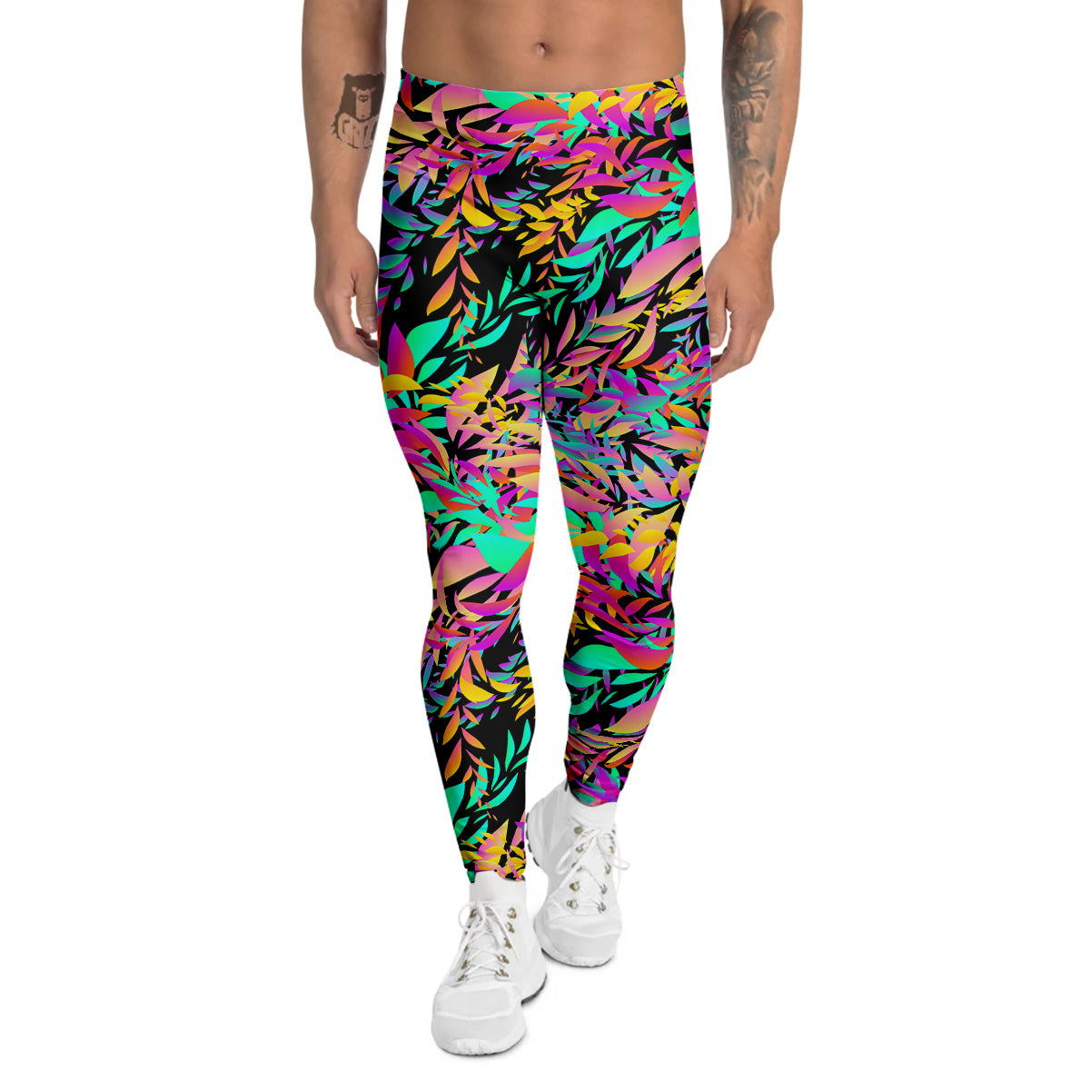 Abstract Leaf Neon Print Pattern Men's Leggings-grizzshop