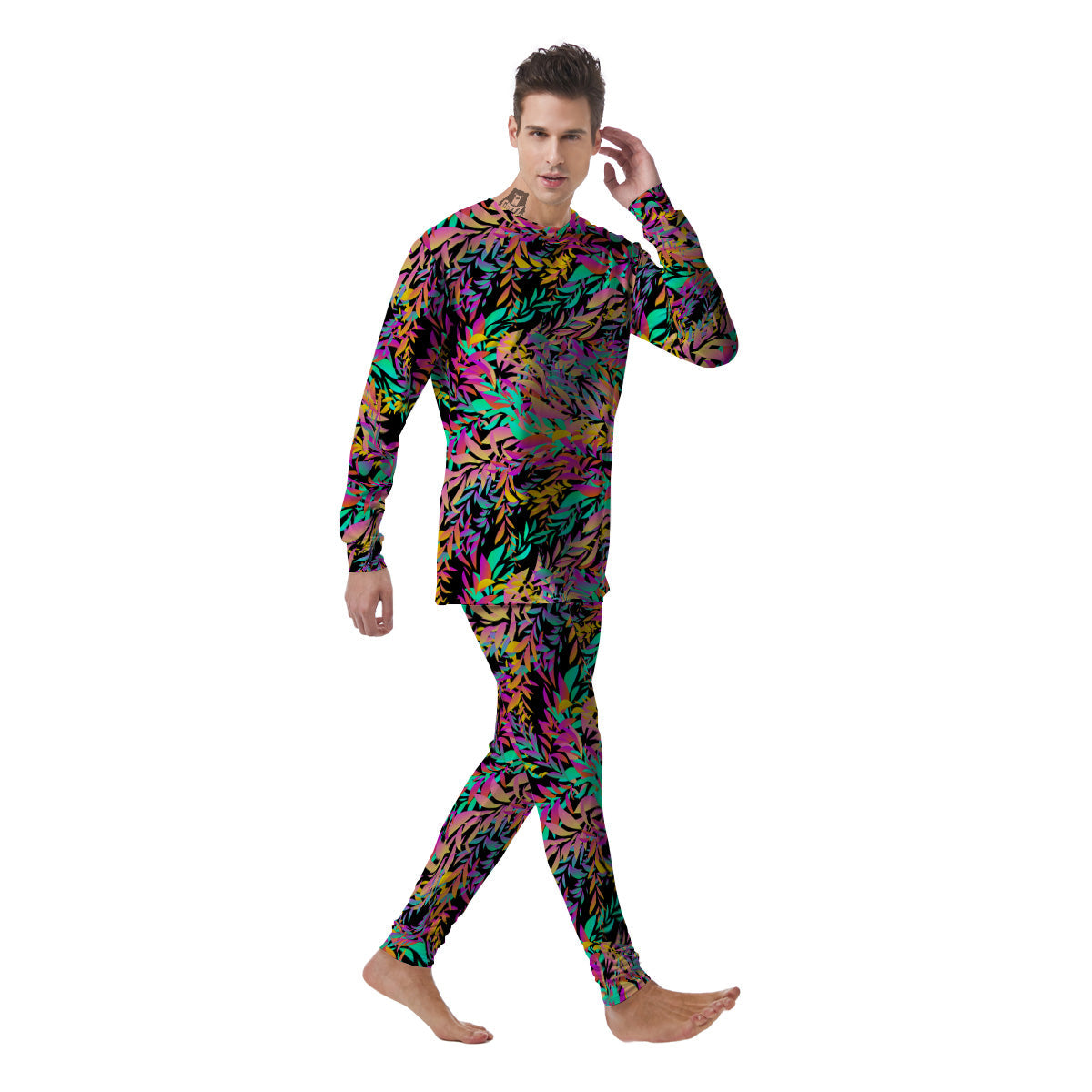 Abstract Leaf Neon Print Pattern Men's Pajamas-grizzshop