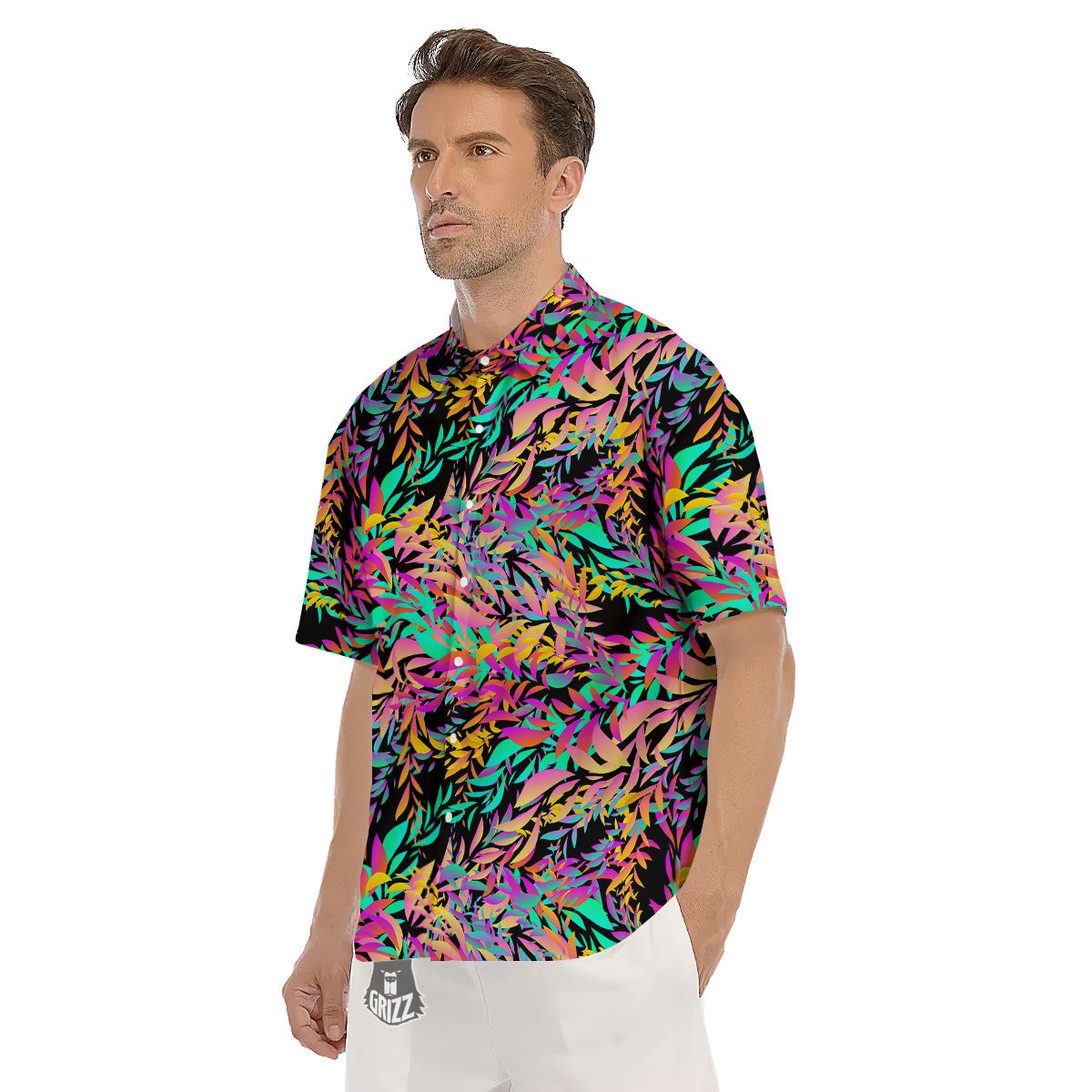 Abstract Leaf Neon Print Pattern Men's Short Sleeve Shirts-grizzshop