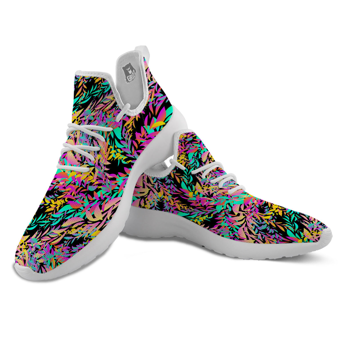 Abstract Leaf Neon Print Pattern White Athletic Shoes-grizzshop