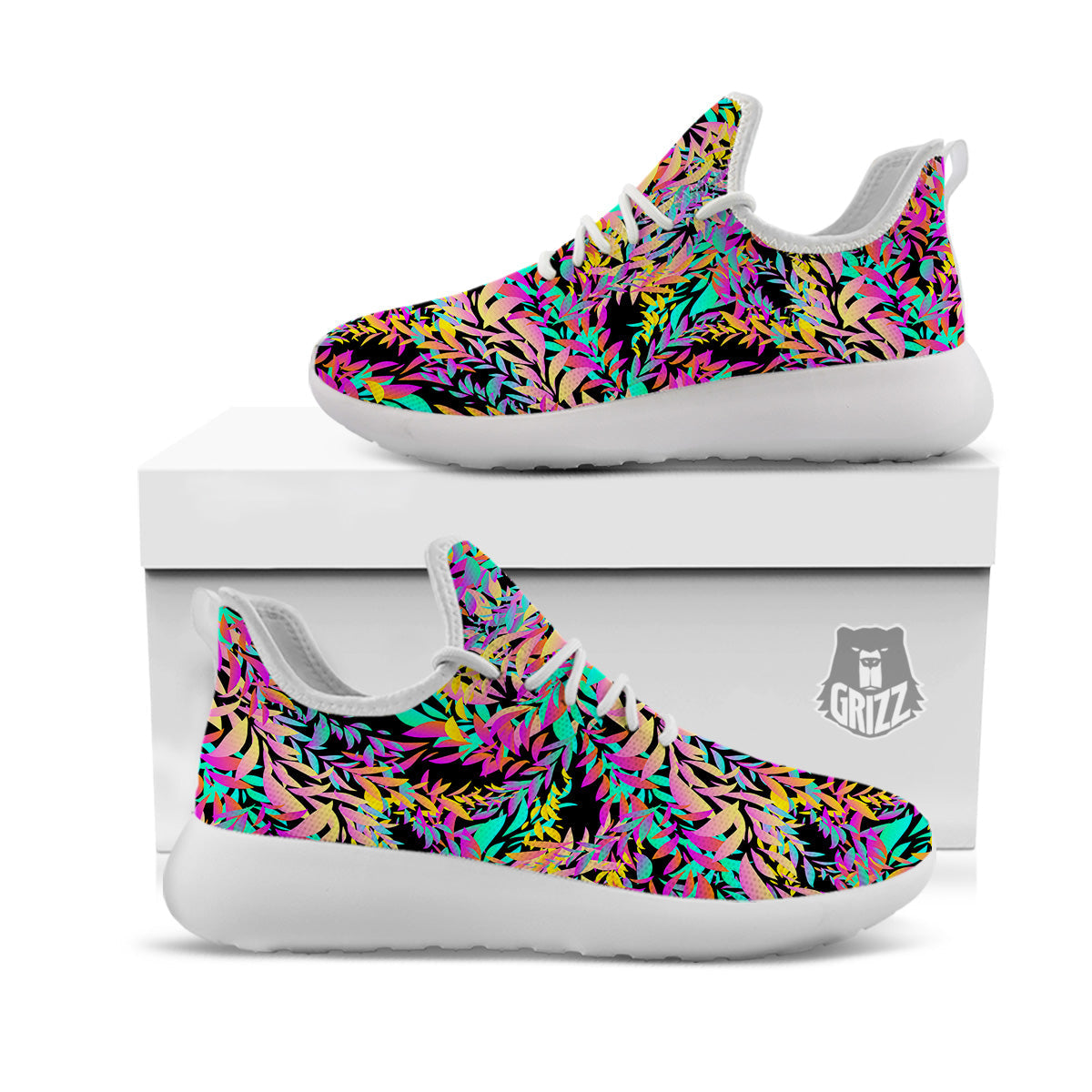 Abstract Leaf Neon Print Pattern White Athletic Shoes-grizzshop