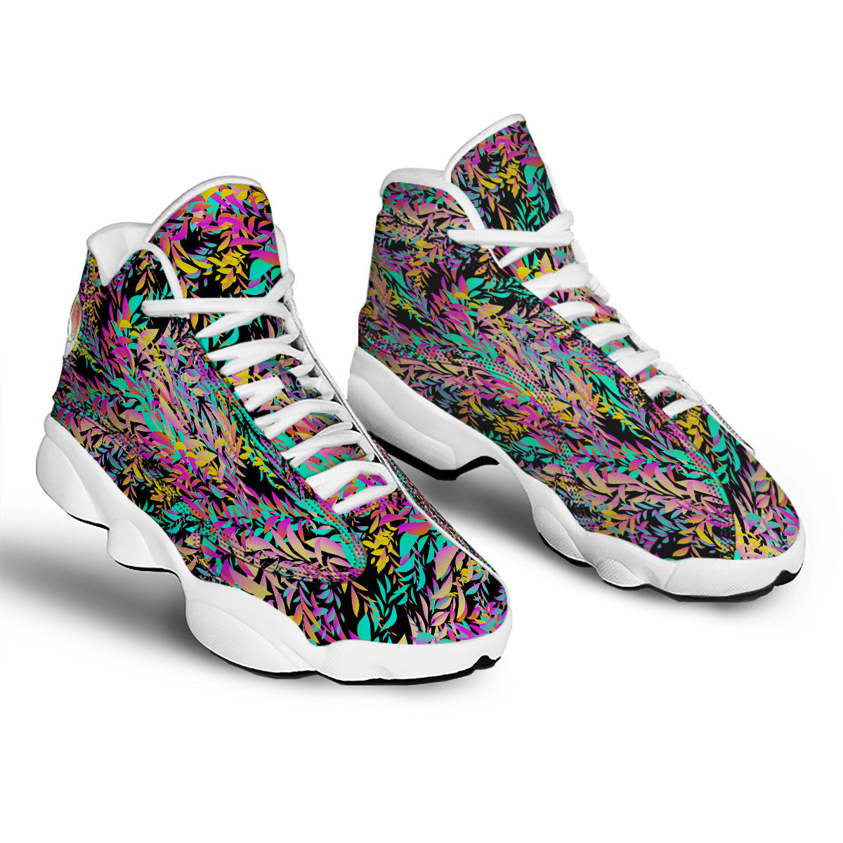 Abstract Leaf Neon Print Pattern White Basketball Shoes-grizzshop