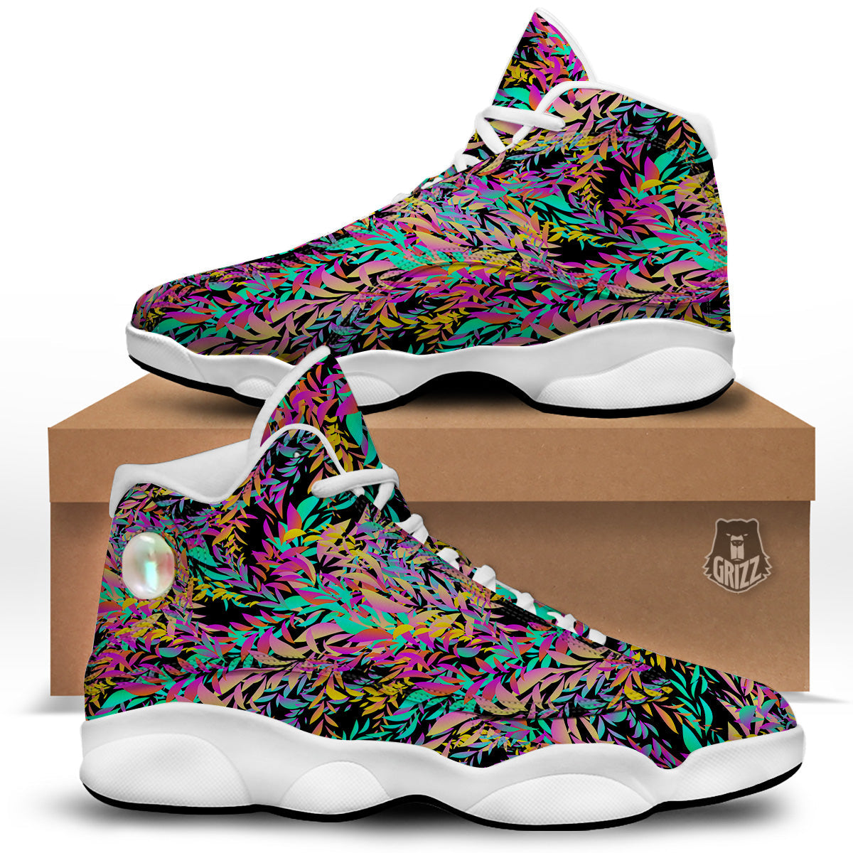 Abstract Leaf Neon Print Pattern White Basketball Shoes-grizzshop
