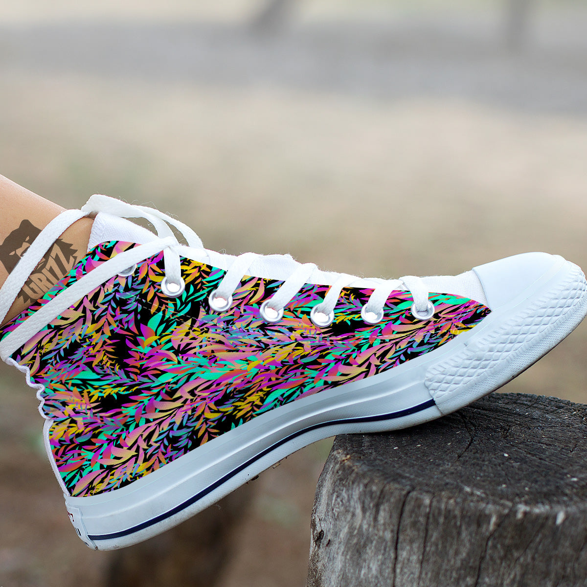 Abstract Leaf Neon Print Pattern White High Top Shoes-grizzshop