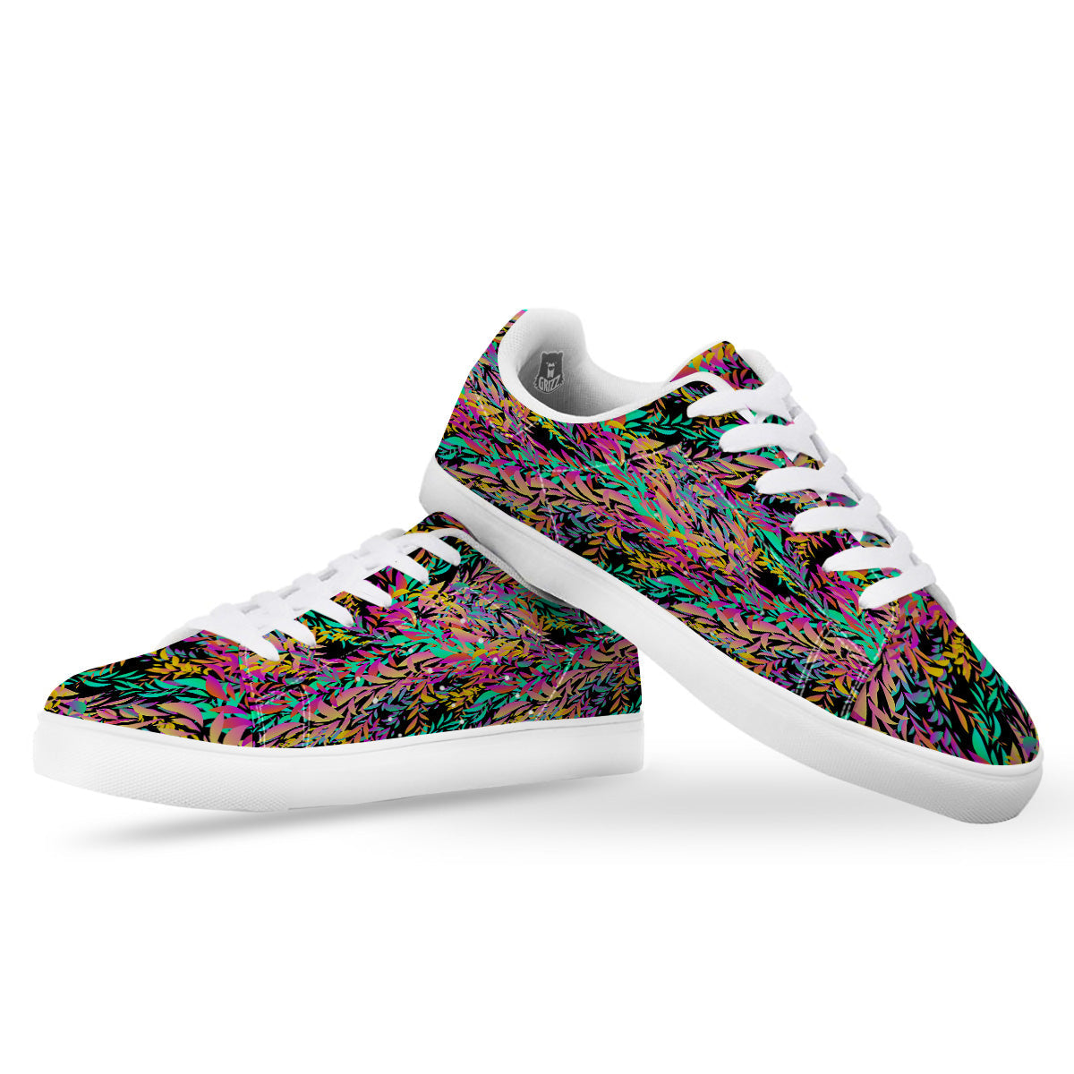 Abstract Leaf Neon Print Pattern White Low Top Sneakers-grizzshop