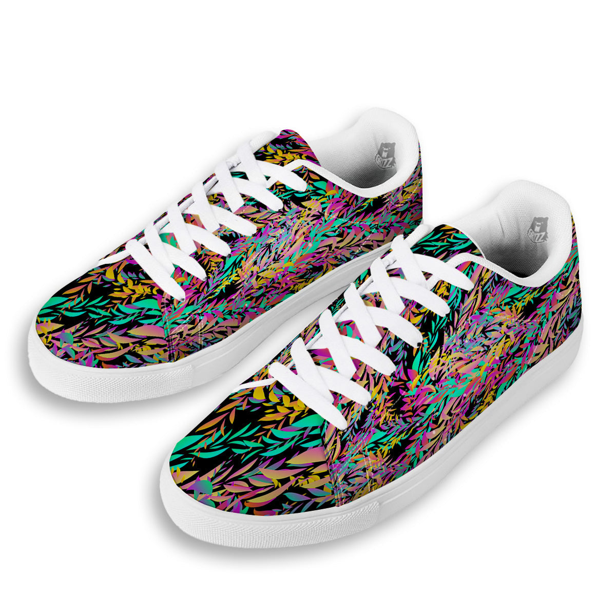 Abstract Leaf Neon Print Pattern White Low Top Sneakers-grizzshop