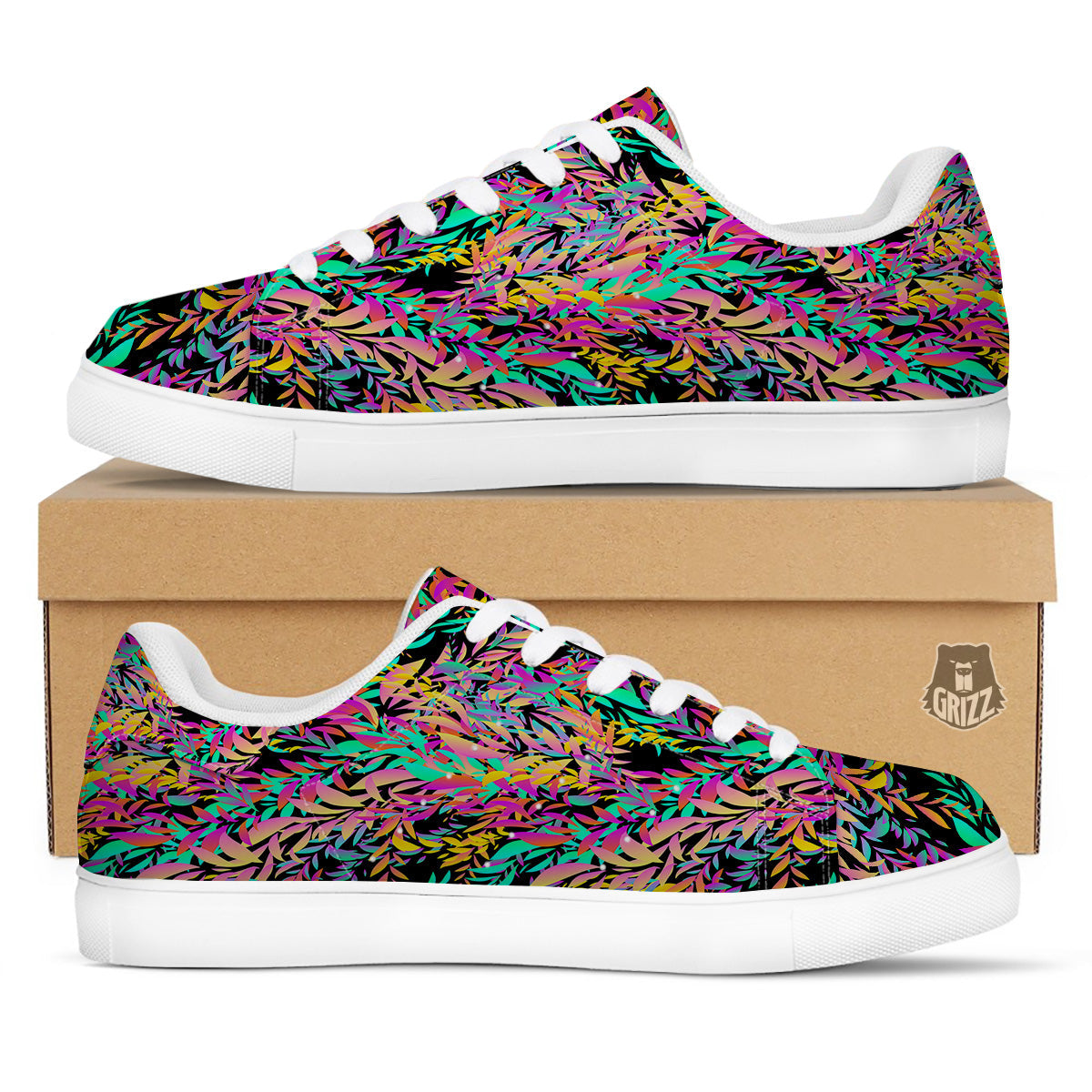 Abstract Leaf Neon Print Pattern White Low Top Sneakers-grizzshop