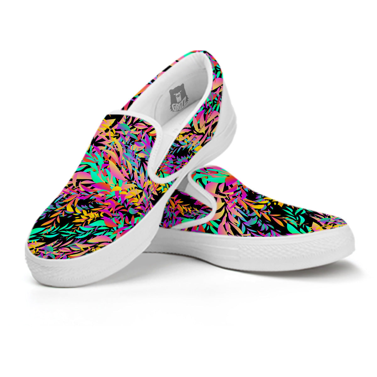 Abstract Leaf Neon Print Pattern White Slip On Shoes-grizzshop