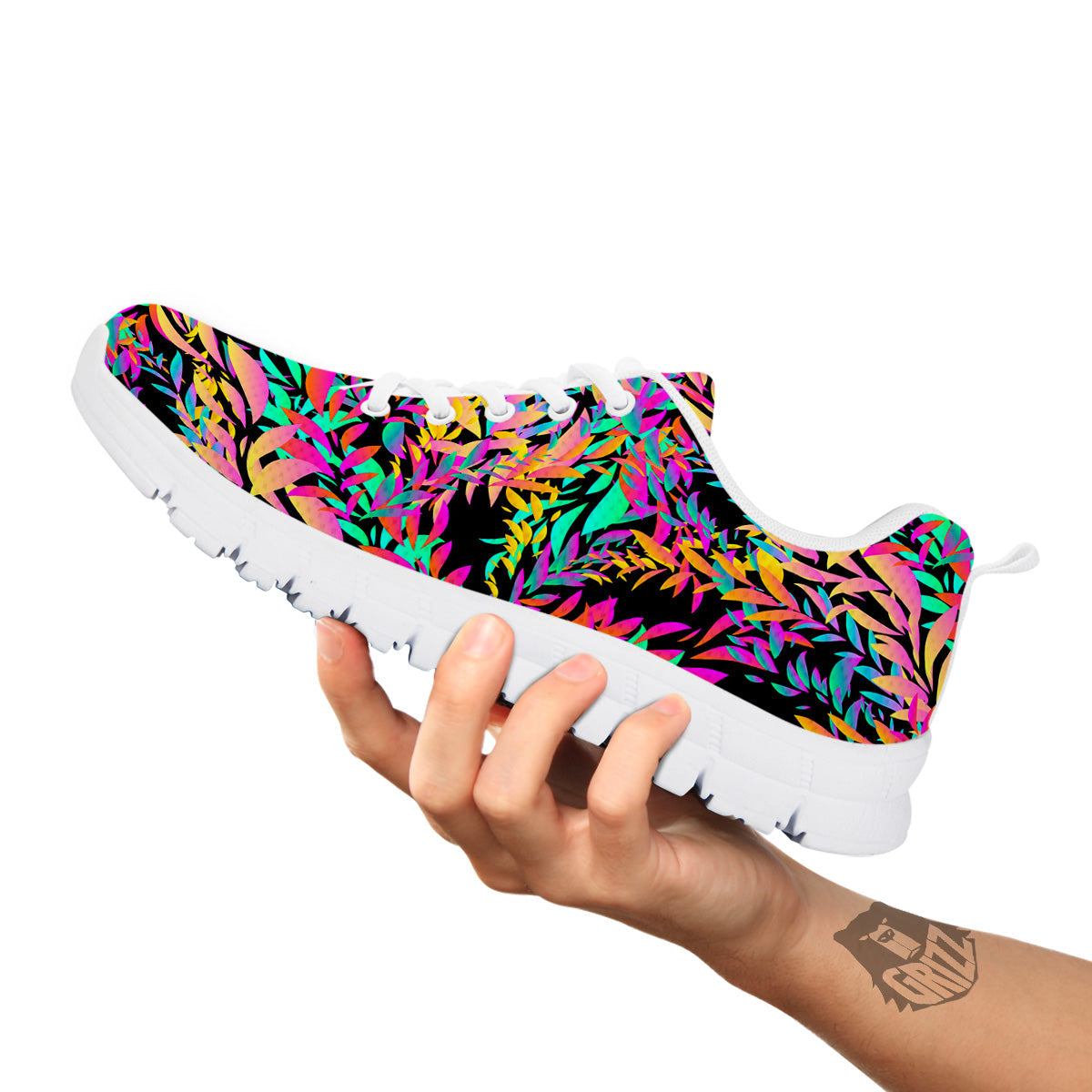Abstract Leaf Neon Print Pattern White Sneaker-grizzshop