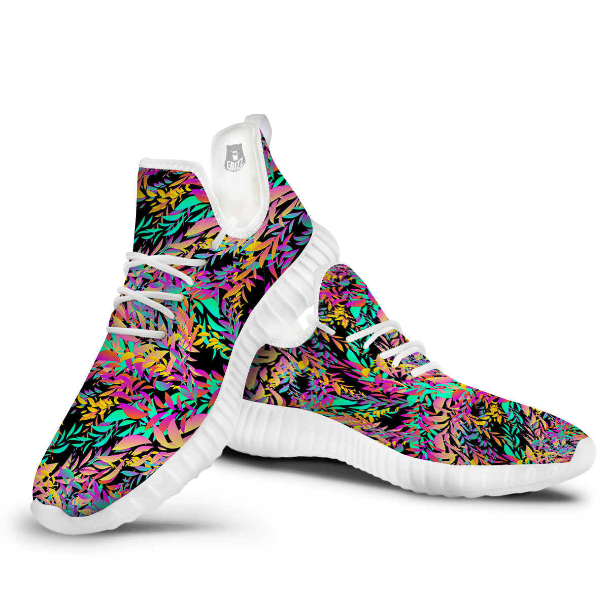 Abstract Leaf Neon Print Pattern White Walking Shoes-grizzshop