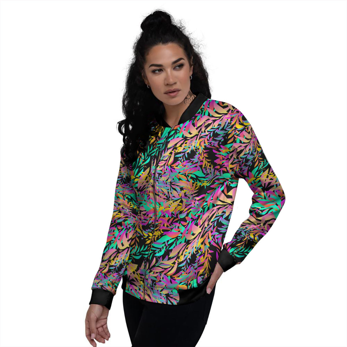 Abstract Leaf Neon Print Pattern Women's Bomber Jacket-grizzshop