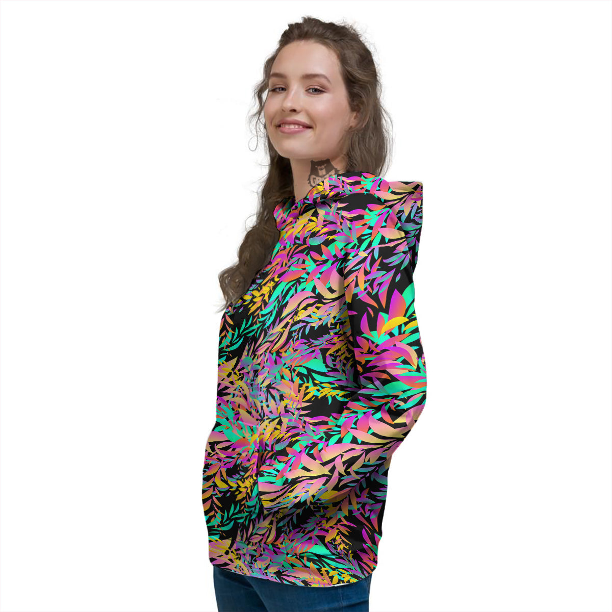 Abstract Leaf Neon Print Pattern Women's Hoodie-grizzshop