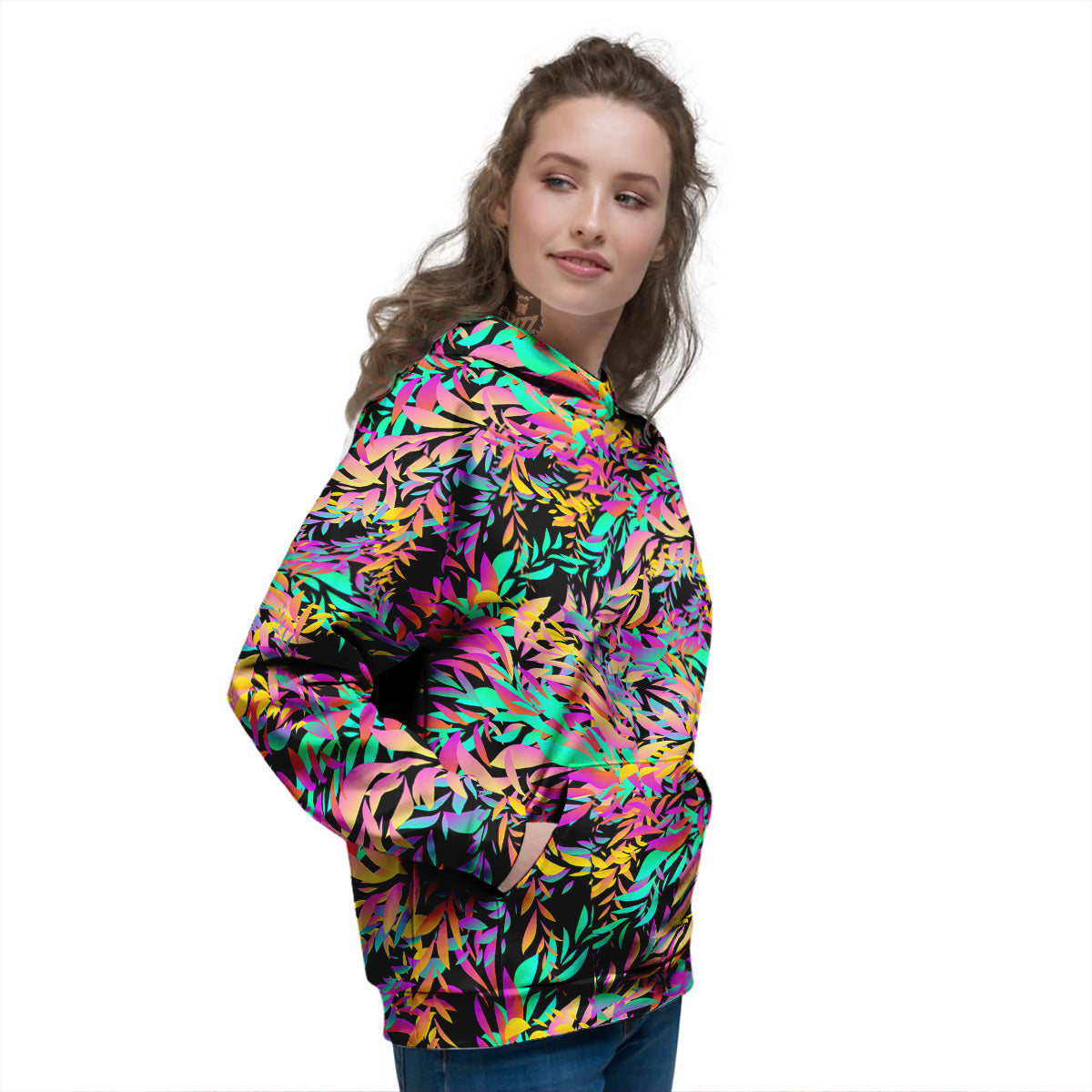 Abstract Leaf Neon Print Pattern Women's Hoodie-grizzshop