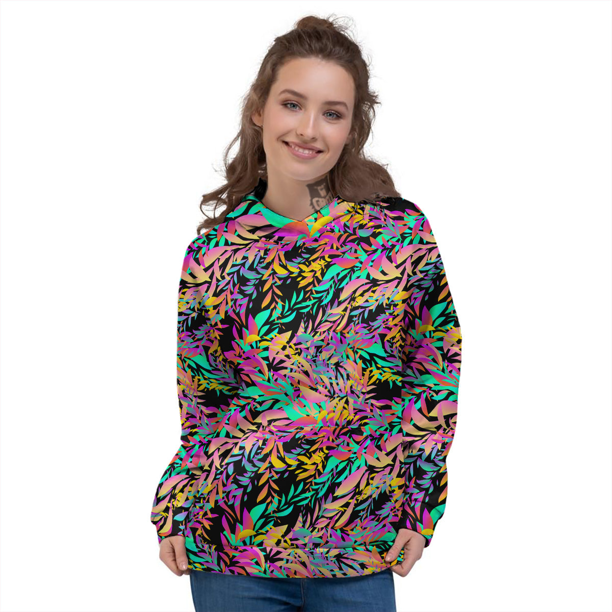 Abstract Leaf Neon Print Pattern Women's Hoodie-grizzshop