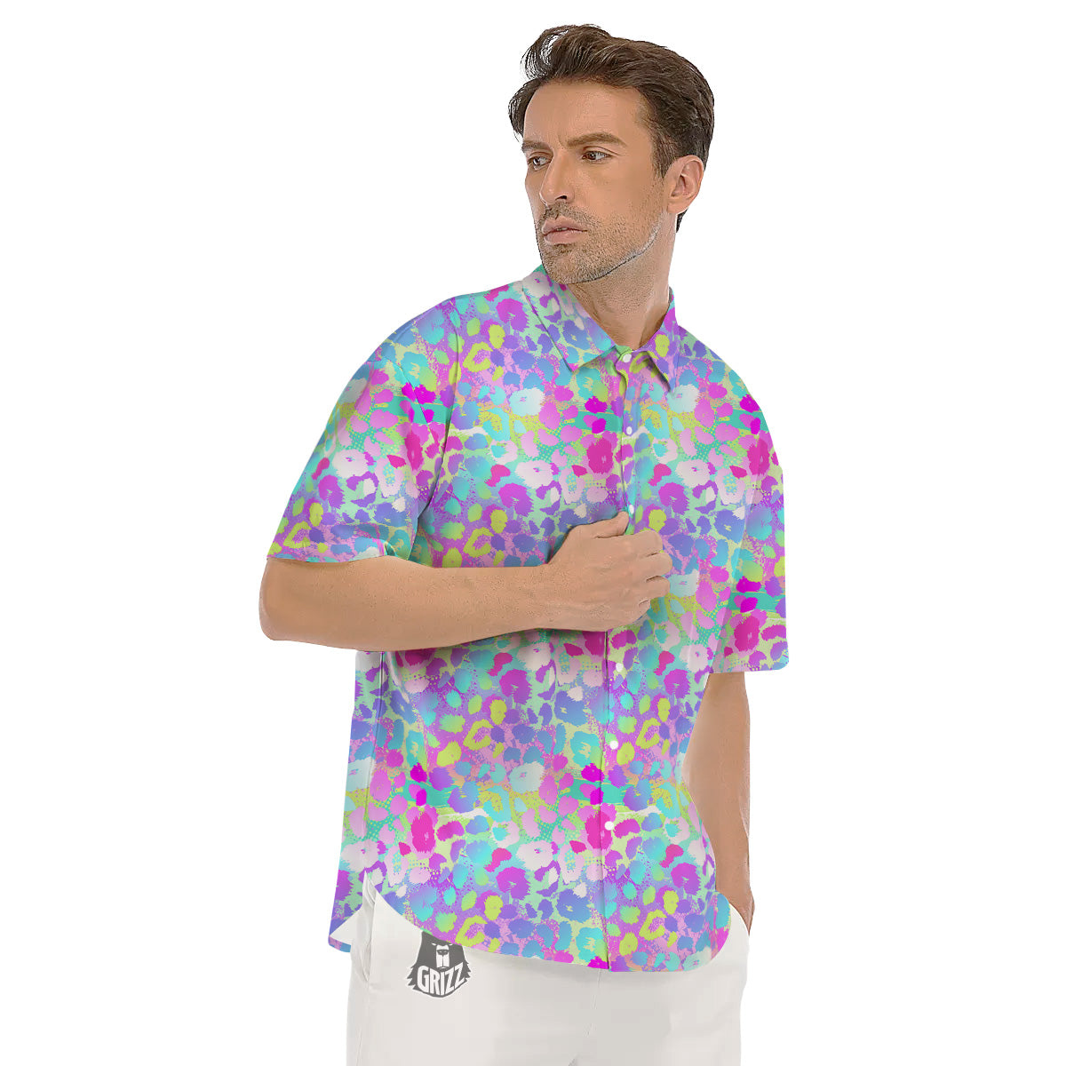 Abstract Leopard Tropical Pastel Print Pattern Men's Short Sleeve Shirts-grizzshop