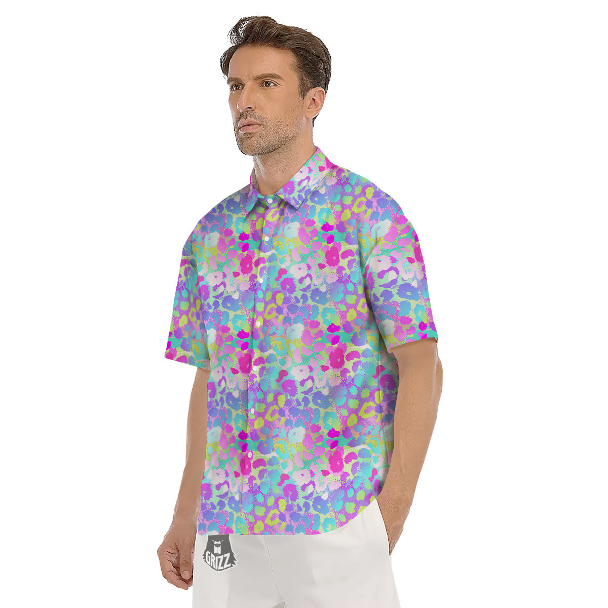 Abstract Leopard Tropical Pastel Print Pattern Men's Short Sleeve Shirts-grizzshop