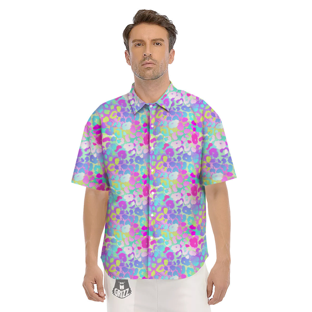 Abstract Leopard Tropical Pastel Print Pattern Men's Short Sleeve Shirts-grizzshop