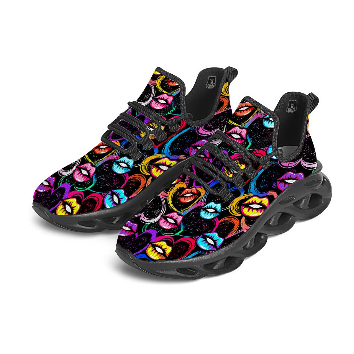 Abstract Lip Graffiti Print Black Running Shoes-grizzshop
