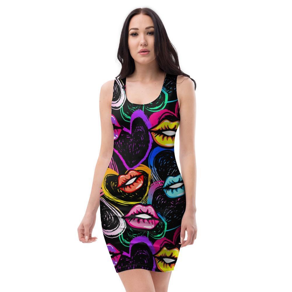 Abstract Lip Graffiti Print Bodycon Dress-grizzshop