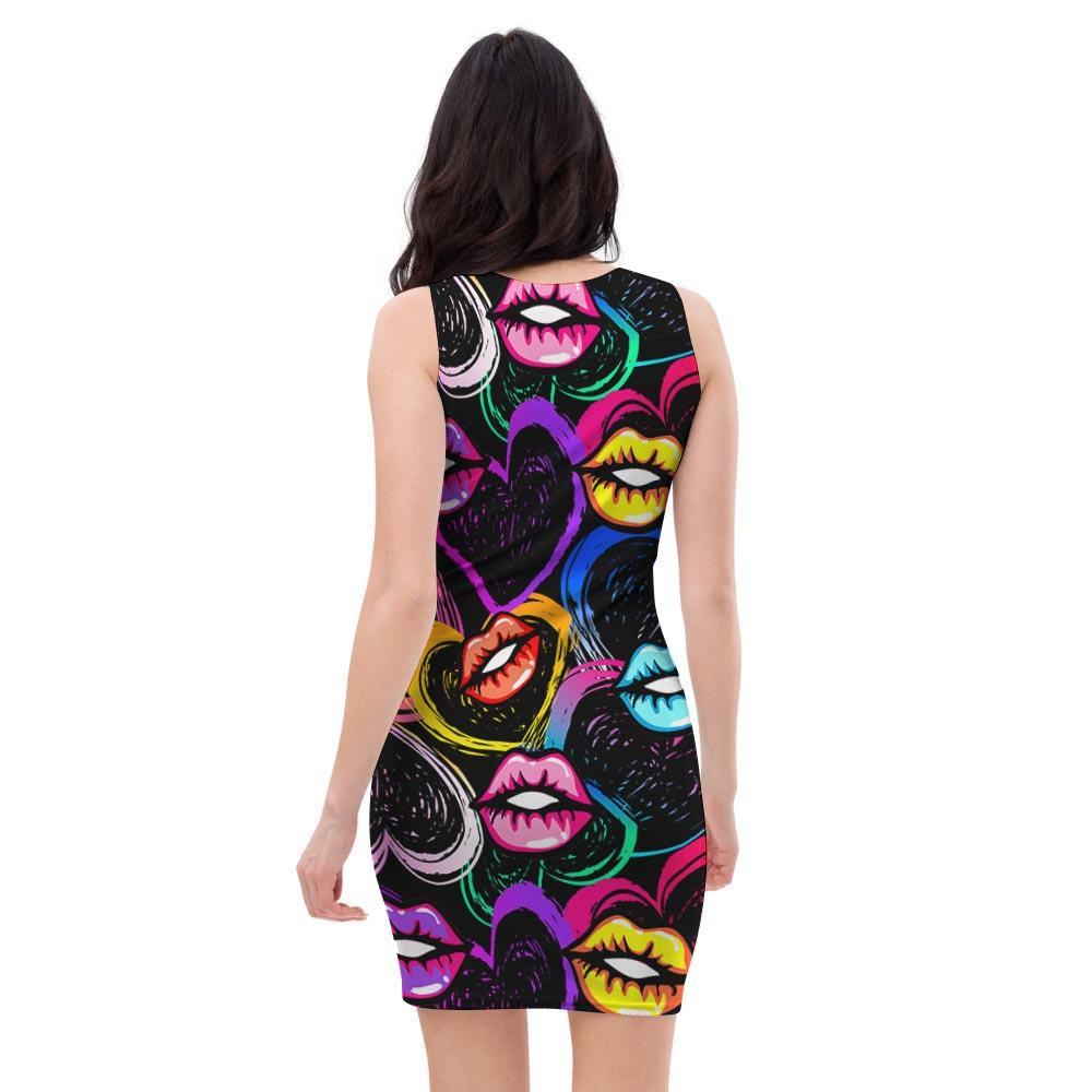 Abstract Lip Graffiti Print Bodycon Dress-grizzshop