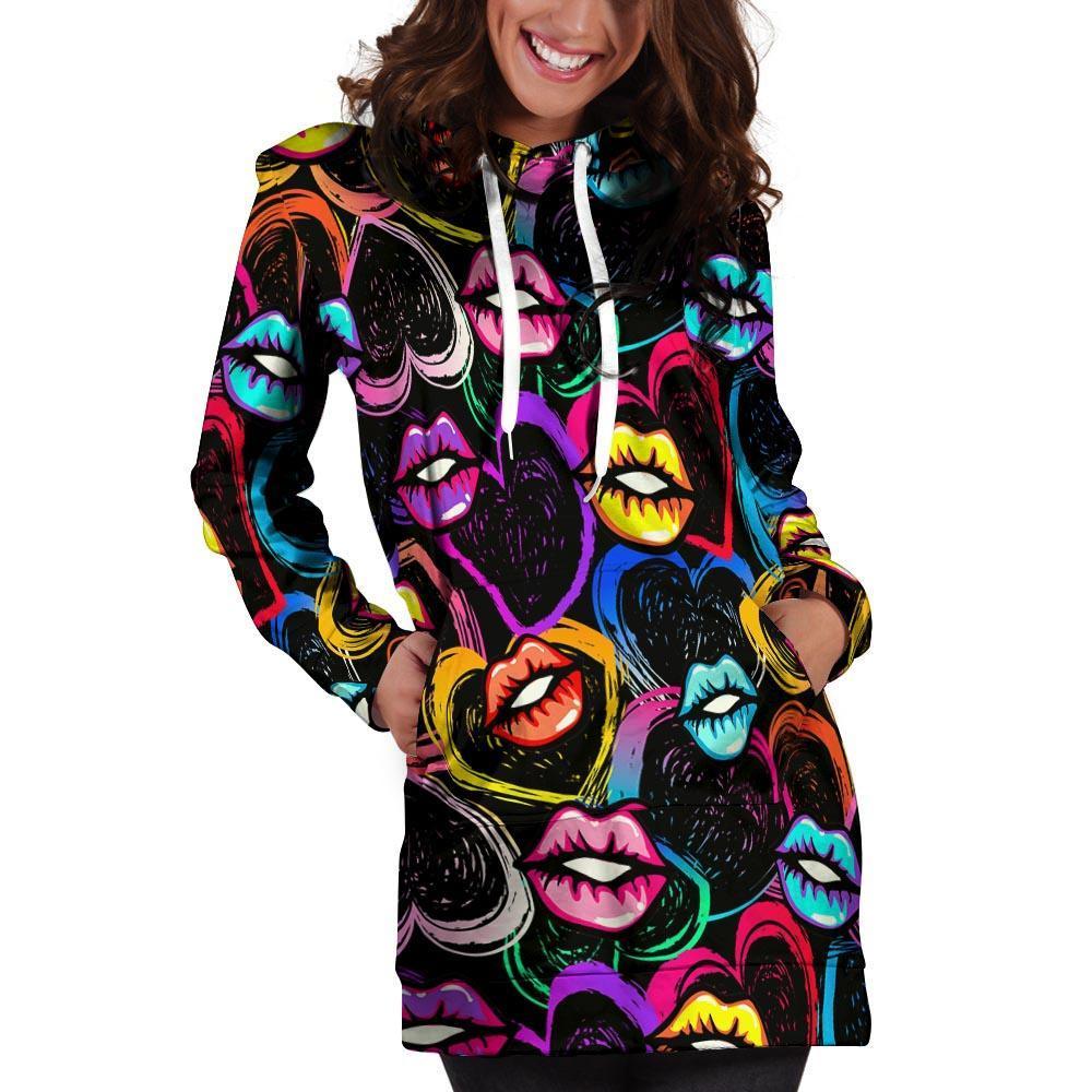 Abstract Lip Graffiti Print Hoodie Dress-grizzshop