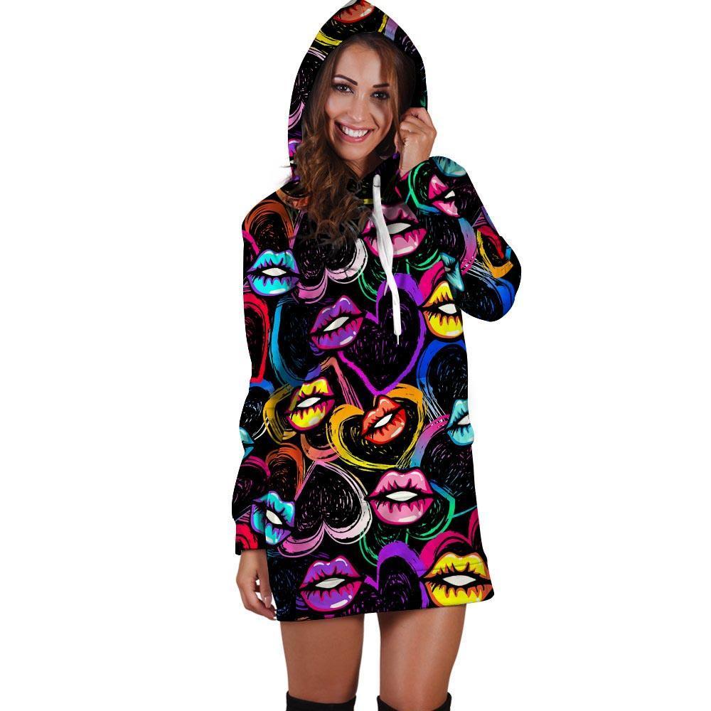 Abstract Lip Graffiti Print Hoodie Dress-grizzshop