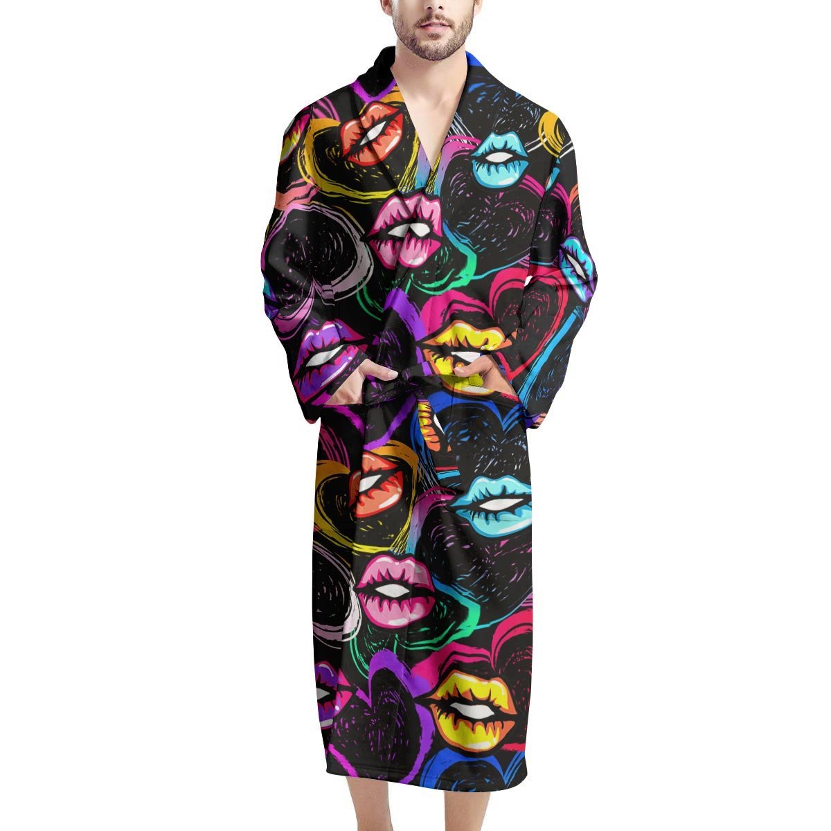 Abstract Lip Graffiti Print Men's Robe-grizzshop